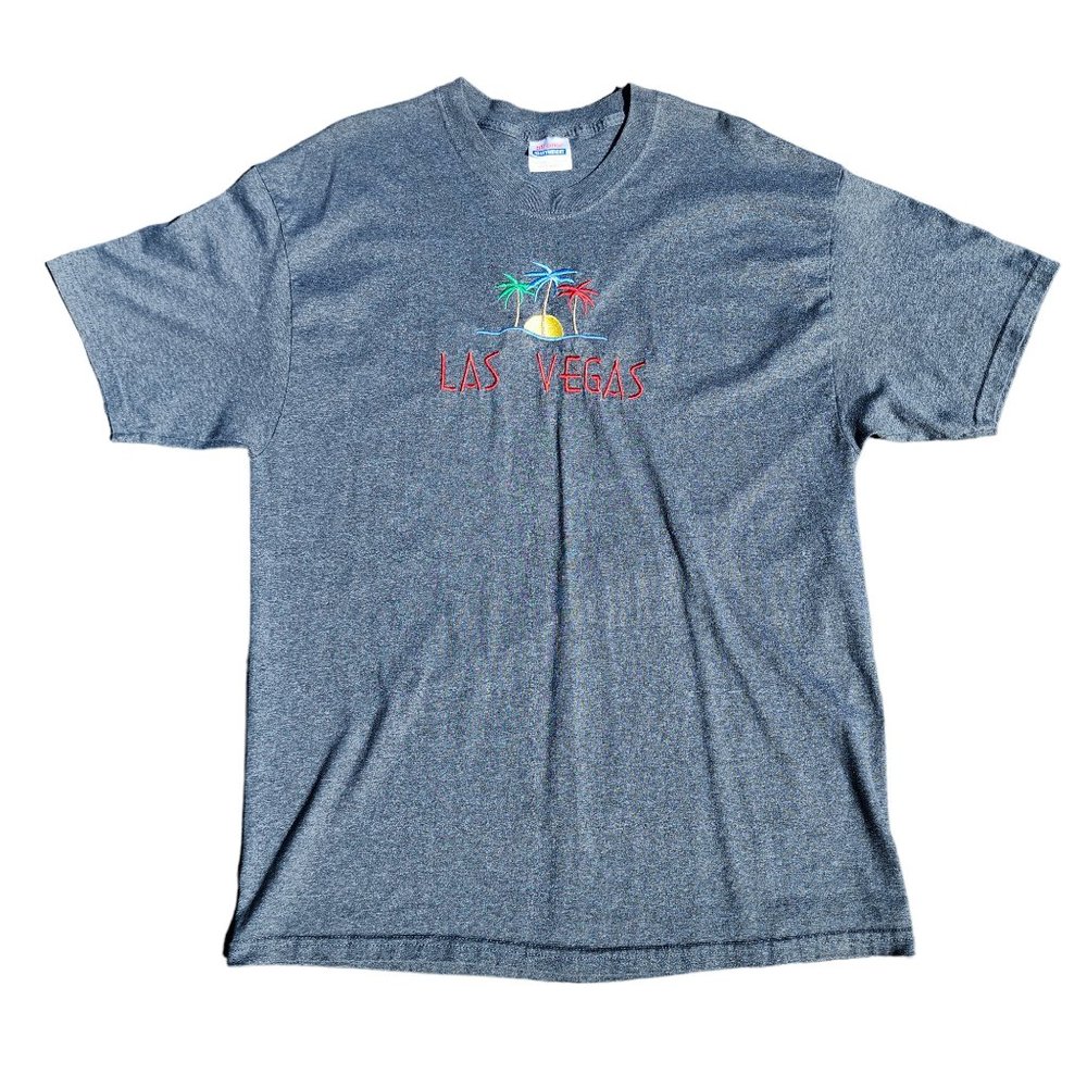 Las Vegas T-Shirt Embroidered Palm Trees Size XL Gray Hanes Heavyweight Tag